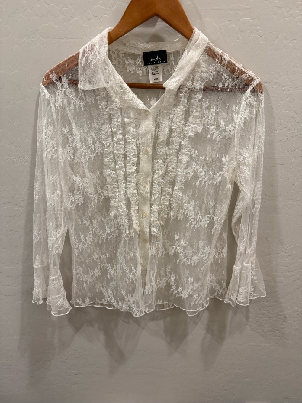 Sheer Lace Ruffle Button-Front Blouse - White